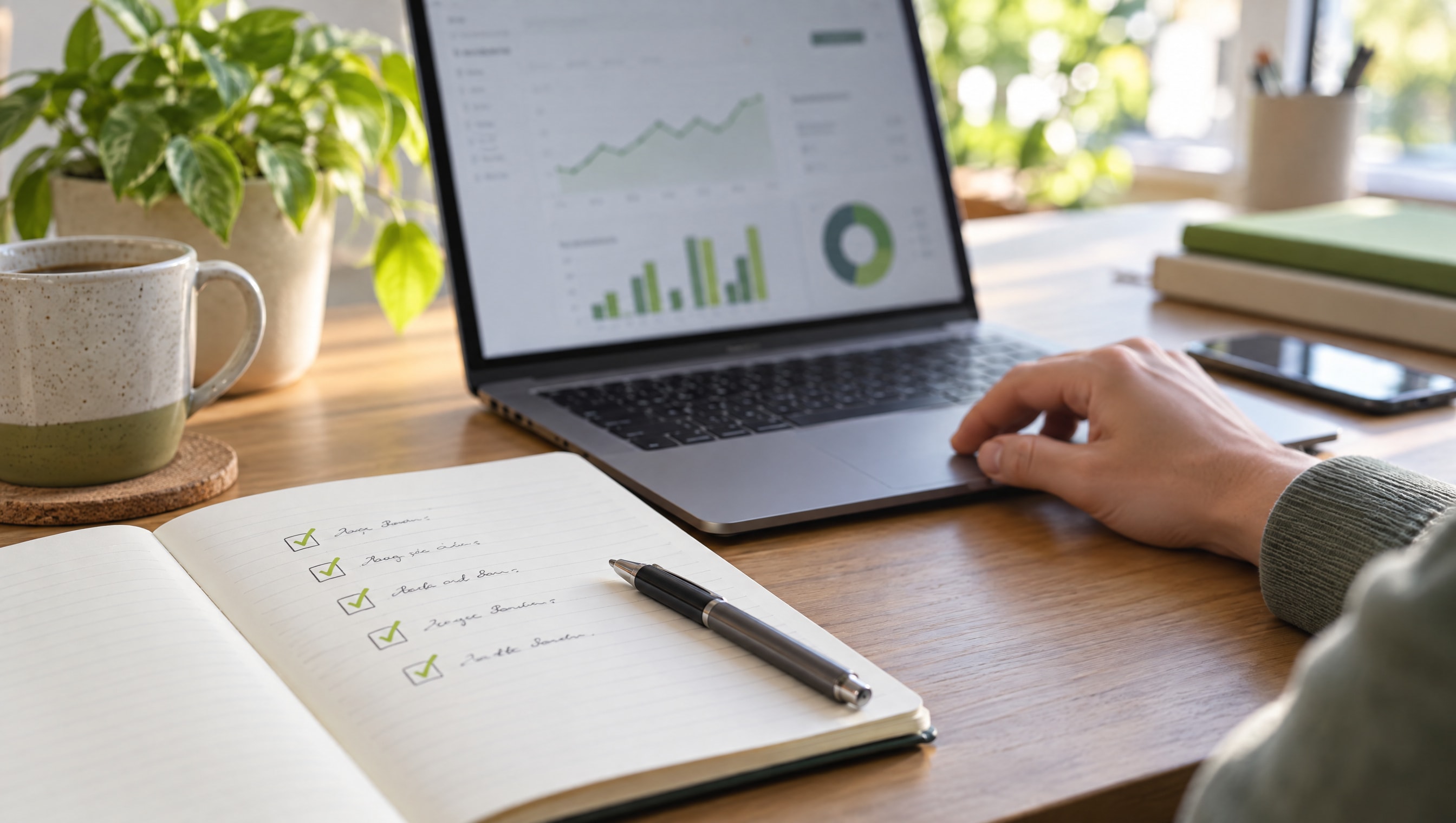 A laptop showing an analytics dashboard beside a notebook with a ticked checklist